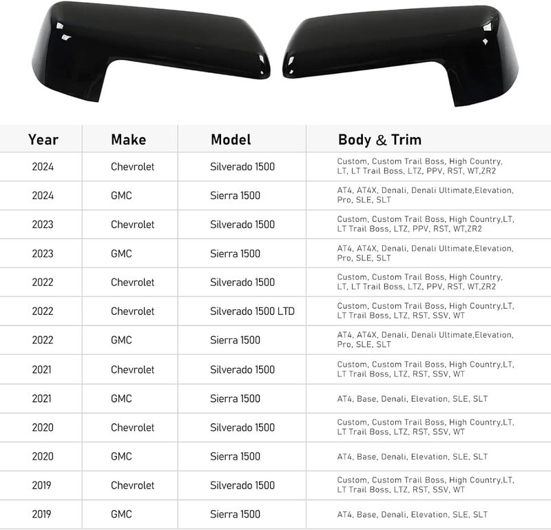 Moonlinks Compatible with 2019-2025 Chevy Silverado 1500 GMC Sierra 1500 Side Mirror Cover,Glossy Black LH & RH Side Door Exterior Rearview Mirror Cap Trim for Silverado 1500(1 Pair） - Image 2